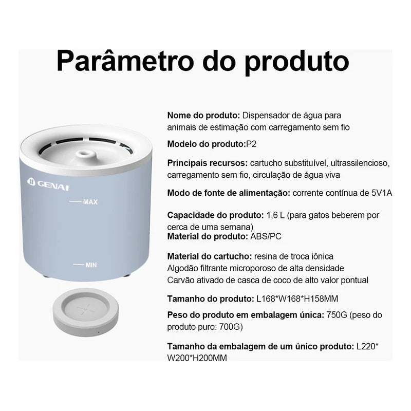 Fonte de Água sem Fio para Pets 1.6L – Bebedouro Automático e Silencioso com Sensor