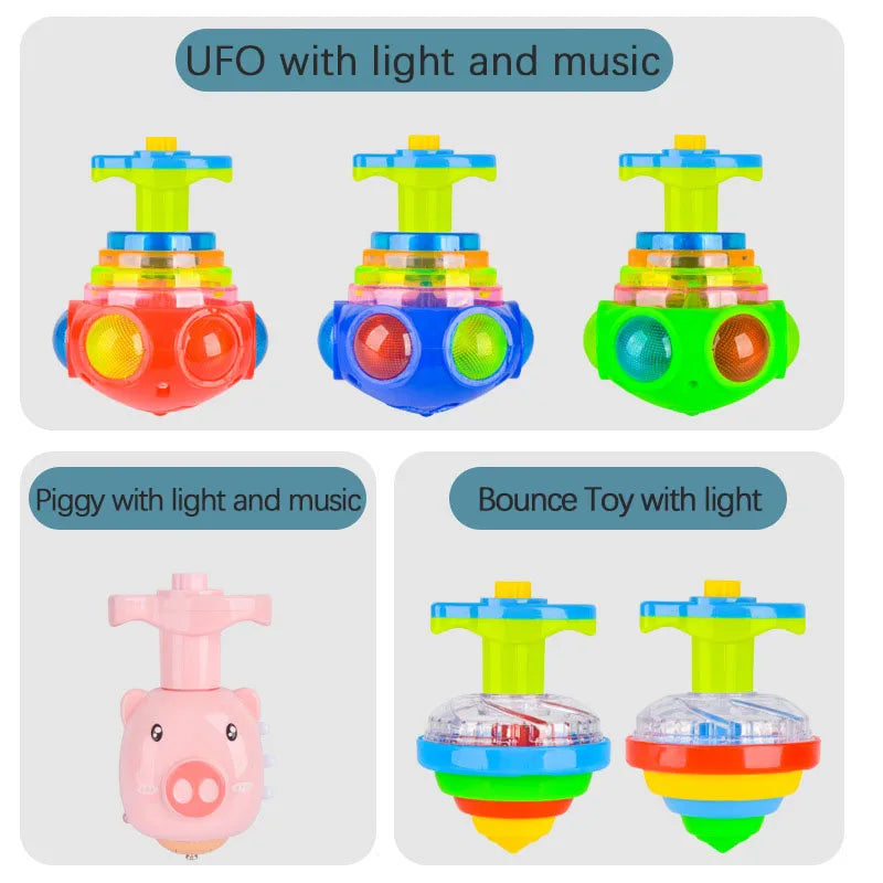 Pião Giratório com Luzes Pisca-Pisca em Forma de OVNI - Brinquedo com Lançador de Giroscópio Musical LED para Crianças, Diversão para Festas de Aniversário